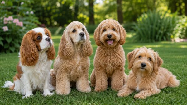 キャバリアやコッカー、ドゥードルなどゴールデンレトリバーみたいな小型犬候補が並ぶ比較イメージ