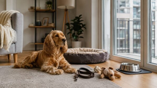 マンションのリビングで小型犬がくつろぐ、ゴールデンレトリバーみたいな犬の飼いやすさを示す室内風景
