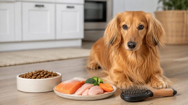 ゴールデンレトリバーみたいな小型犬の毛並みと健康管理を支えるフードとブラシのイメージ