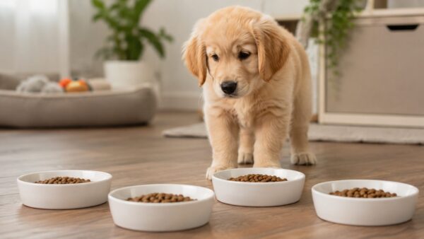 ゴールデンレトリバーの子犬期に必要なドッグフード量と給餌回数のイメージ