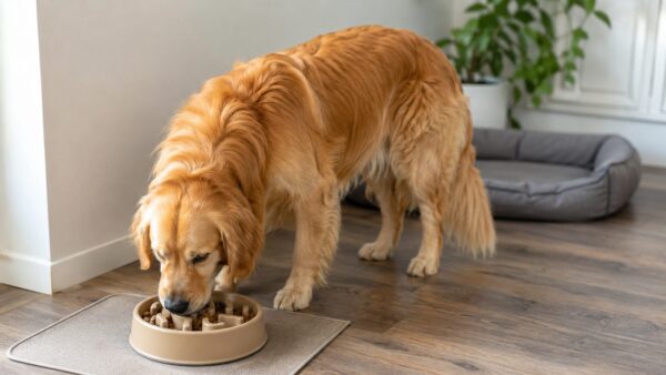 ゴールデンレトリバーが早食い防止皿で食事しながら体型管理をする様子
