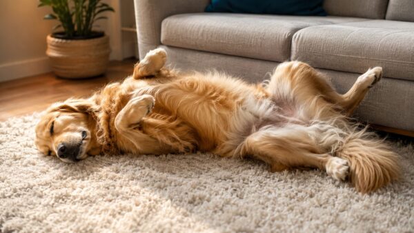 室内のラグでへそ天になって眠るゴールデンレトリバーの癒やされる寝姿
