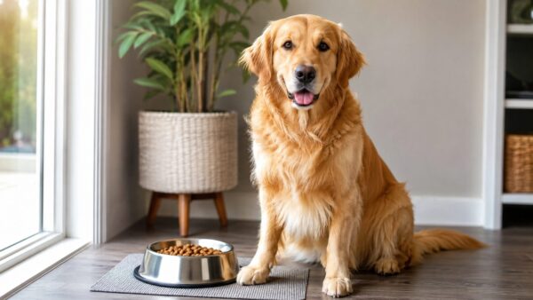 フードボウルの横に座る健康的なゴールデンレトリバーと毎日の食事管理