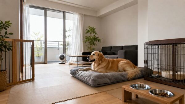 滑り止めマットやケージを備えた大型犬向けマンション環境設計