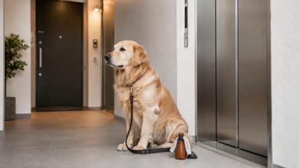 マンションのエレベーター前で静かに待つ大型犬と共用部マナー