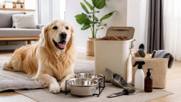 大型犬の食事管理に必要なフード容器や食器、ケア用品のイメージ