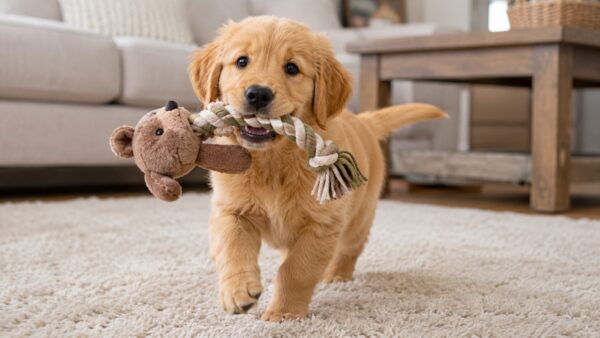 室内でおもちゃをくわえて歩くゴールデンレトリバーの子犬