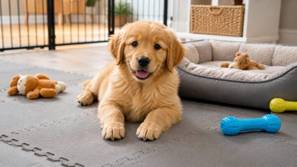 でくつろぐゴールデンレトリバーの子犬