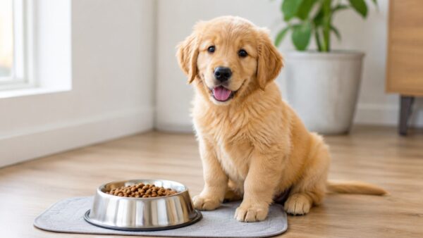 フードボウルの横に座る健康的なゴールデンレトリバーの子犬