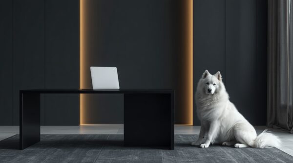 高級感のある室内で白い犬が落ち着いて座るプレミアムドッグフードのブランドイメージ