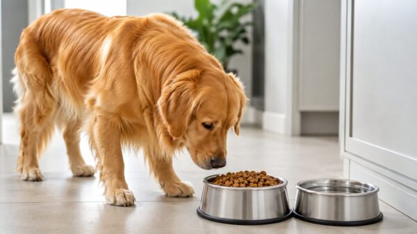 ドッグフードの入った食器を前にして匂いを確かめるゴールデンレトリバー