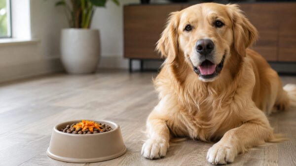 少量のみかんをトッピングした犬用フードとゴールデンレトリバー